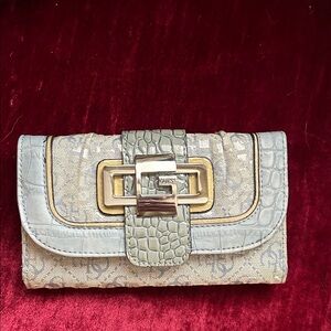 GUESS Blue Silver and Cream Clutch with Buckle